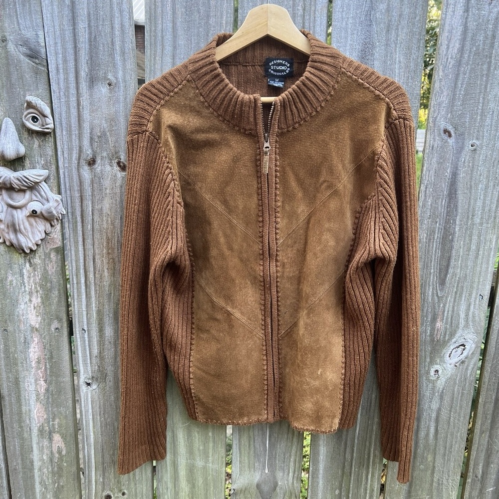 Brown Leather Jacket with Knit Accents